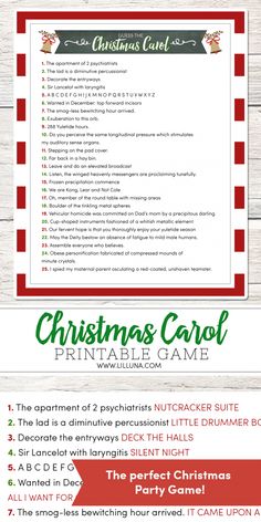 the christmas carol printable game is shown in red, green and white with text