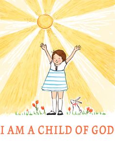 a child with her arms up in the air, and an orange sun above her head