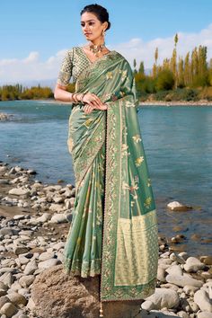 Sea Green Color Weaving Work Silk Fabric Wedding Wear Saree Pure Banarasi Silk Sarees, Designer Party Wear Saree, Wedding Wear Saree, Wedding Sarees Online, Sea Green Color, Designer Sarees Online, Green Saree, Party Wear Saree, Embroidery Saree