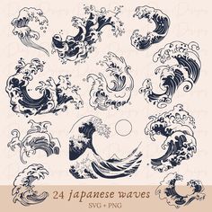 the japanese wave set is shown in black and white