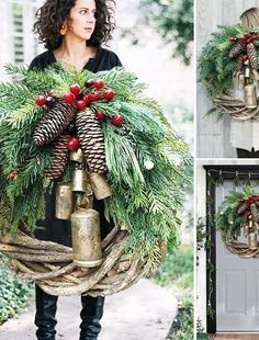 a woman holding a wreath with bells and pine cones