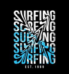 the logo for surfing is shown in blue and white on a black background with an arrow