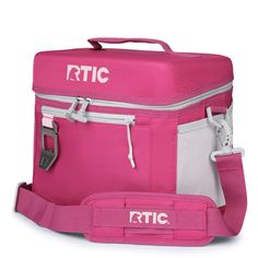 a pink and white cooler bag with the word rtic on it's side