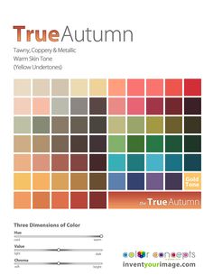 the true autumn color palette is shown in shades of orange, yellow and green with text that reads true autumn