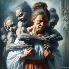 a painting of an old woman hugging two men with their arms wrapped around each other