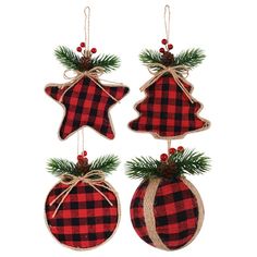 three red and black plaid christmas ornaments hanging from twine