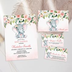 an elephant baby shower party with pink flowers and greenery on the front, white background