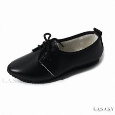 Lasaky - Stylish and Casual Flat Sole Leather Shoes with Pointed Toe and Shoelaces Black Synthetic Flat Lace-up Shoes, Leather Lace-up Oxfords For Winter, Winter Leather Lace-up Oxfords, Closed Toe Lace-up Shoes With Textured Sole, Elegant Lace-up Synthetic Flats, Flat Heel Lace-up Shoes With Textured Sole, Lace-up Walking Shoes With Rubber Sole, Casual Lace-up Shoes With Rubber Sole And Pointed Toe, Synthetic Leather Lace-up Shoes With Stitched Sole