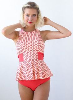 COLOR-BLOCK PEPLUM HIBISCUS DOT TANKINI Modest Swimwear Tankini, Peplum Tankini, Modest Swim, Pink Desert, Sewing Details, Sandy Shores, Swimwear Tankini, Modest Swimwear