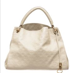 % Authentic Cream Embossed Lv Artsy . Just Had Cleaned . In Pristine Condition. Some Small Stains On Interior. Shiny Gold Hardware. No Scratches Rips Tears Or Stains In Exterior . Stunning Bag!! White Everyday Luxury Bags With Handles, White Luxury Everyday Bags With Handles, White Everyday Luxury Bag With Handles, White Luxury Everyday Bag With Handles, Louis Vuitton Artsy, Bags Louis Vuitton, Bags And Shoes, Beautiful Bags, Louis Vuitton Bags