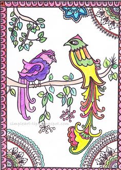 two birds are sitting on a branch with leaves and flowers in the background, one is colored