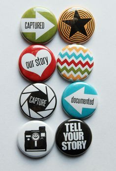 six different buttons that say tell your story, our story, our story and our story