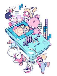 an old nintendo game console surrounded by cartoon characters