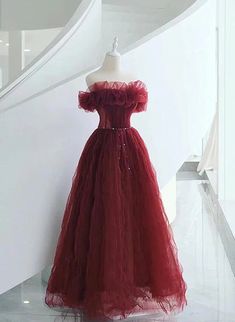 Wine Red Tulle Sequins Long Off Shoulder Party Dress Red Tulle Prom Dress, Off Shoulder Party Dress, Off Shoulder Tulle, Hot Prom Dress, Tulle Evening Dress, Color Rush, Long Evening Dress, Prom Dresses For Sale, A Line Prom Dresses