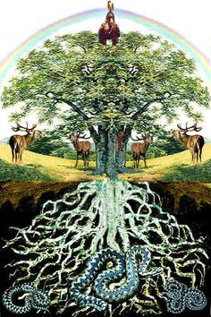 the tree of life with its roots and animals in it is surrounded by rainbows