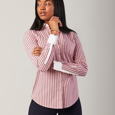 New York & Co Striped Shirt Lightweight, Soft Material For Comfort Pointed Collar Button Down Cuff Sleeves ,98% Cotton 2% Spandex Bust:22" Waist 18" Length: White Shirt With Striped Collar For Work, Classic Red Top With Striped Collar, Fitted Button-up Top With Striped Collar, Red Shirt With Striped Collar For Spring, White Top With Striped Collar For Workwear, Classic Pink Top With Striped Collar, Classic Red Cotton Blouse, Classic Red Workwear Top, Green Lace Blouse