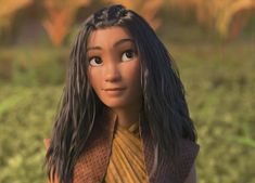 an animated image of a woman with long black hair and braids on her head