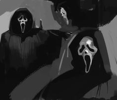 two people in black and white with ghost masks