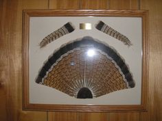 a wooden frame with some feathers on it