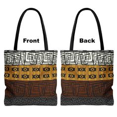 Our African Mud Cloth Print Tote Bag is not just a carryall, it's a piece of art that honors our African heritage. This tote bag is created with a design inspired from original African Mud Cloth patterns.  Whether you're running errands or attending a cultural event, the African Mud Cloth Print Tote Bag is your perfect companion. Its elegant design and spacious interior make it suitable for any occasion.  The wide opening of this tote bag makes it easy to pack and access your items. The boxed corners provide extra space for all your essentials, making it perfect for everyday use.  This African Mud Cloth Print Tote Bag is available in three sizes, you can choose the one that best fits your needs.  𝗗𝗘𝗧𝗔𝗜𝗟𝗦: 👉🏾 Available in small, medium and large sizes 👉🏾 Strong black cotton handl Rectangular Bags With Artwork For Daily Use, Artistic Yellow Tote Bag, Artistic Large Capacity Rectangular Bags, Yellow Artistic Bag For Daily Use, Artistic Yellow Bag For Daily Use, Artistic Rectangular Shoulder Bag For Travel, Artistic Rectangular Shoulder Bag With Artwork, Artistic Brown Bag For Gifts, Artistic Square Bags For Everyday Use