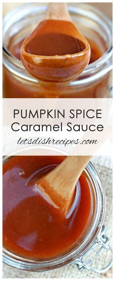 pumpkin spice caramel sauce in a glass jar with a wooden spoon