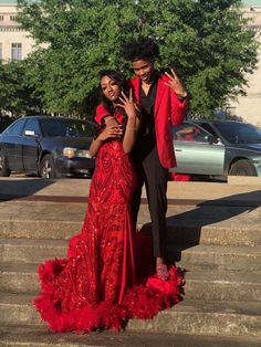 Matching Red Prom Outfits, Red And Black Prom Ideas, Black And Red Prom Dress Couple, Red Prom Theme Couple, Red Prom Looks Black Couple, Red And White Prom Couples, Red Suit Prom