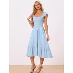 In a smocked front and contrast decor design, made of lightweight fabric, the dress can fill your outfit's collection in your wardrobe. The soft fabric makes flowy ruffles below the knee in a flared dress with a tiered-shirred hem. The midi dress is suitable for summer and many occasions, such as casual, dating, cocktail parties, weekend gatherings, beaches, travel, and daily wear. Casual Ruched Chiffon Dress, Light Blue Smocked Bodice Dress For Day Out, Light Blue Dress With Smocked Bodice For Day Out, Light Blue Smocked Dress For Day Out, Light Blue Sundress, Casual Blue Dresses With Smocked Bodice, Blue Casual Dresses With Smocked Bodice, Blue Casual Dress With Smocked Bodice, Blue Smocked Midi Dress