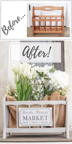 the before and after photos of a white painted bench with tulips in it