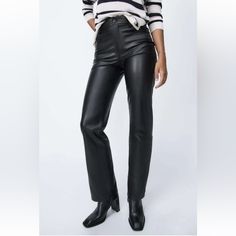 New With Tags 2090/967 Price Is Firm Measurements Waist: 33” Rise: 12” Thigh Circumference: 22” Leg Opening: 19” Inseam: 31.5” High-Waist Trousers With A Five-Pocket Design. Faux Leather. Zip Fly And Button #Mm040 Price Is Firm Straight Leather Pants, Leather Trousers Outfit, Red Cargo Pants, Zara Leather Pants, Closet Edit, Fitted Slacks, Leather Shirt Dress, Faux Leather Trousers, Zara Trousers