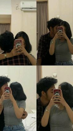 the man and woman are kissing in front of a mirror while taking pictures with their cell phones