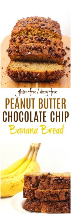 the peanut butter chocolate chip banana bread is cut in half and stacked on top of each other