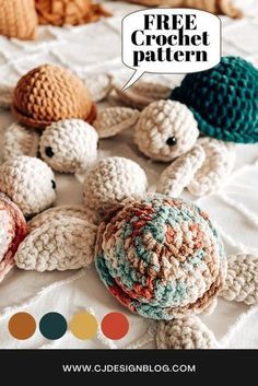 several crocheted turtle toys laying on top of a bed with the caption free crochet pattern