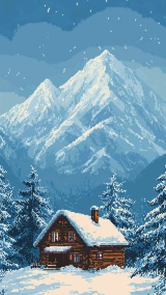 a cross stitch pattern of a cabin in the snow with mountains and stars behind it