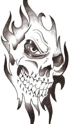 a drawing of a skull with flames coming out of its mouth and the eyes are open