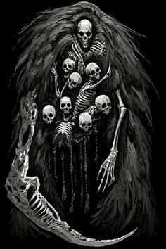 a black and white drawing of skeletons holding hands