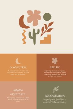 four different color palettes with flowers and plants in the middle, one is orange, green