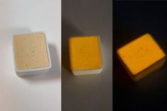 three different images of soaps on top of each other, one yellow and the other white