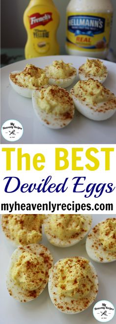 deviled eggs on a white plate with mayonnaise and seasoning in the background