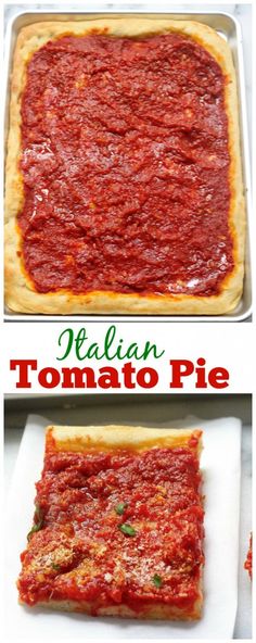 two different views of a deep dish pizza with tomato sauce on top, and the same side by side