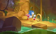 the sonic character is jumping over rocks in front of an entrance to a cave with water