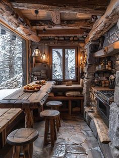 an old log cabin with stone flooring and wooden walls, along with several stools