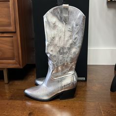 Unworn. Nwt. Size 8. Metallic Silver Cowboy Boots. Chrome Cowboy Boots, Silver Cowboy Boots, Silver Boots Western, Metalic Cowgirl Boots, Silver Metallic Western Boots, Madden Nyc, Shoes Heels Boots, Steve Madden, Cowboy Boots