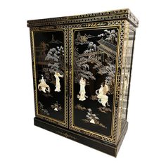 An amazing, unique, and ornate piece of furniture that has to be seen to be believed. The ultimate conversation piece, which is also very utilitarian, this beautiful chinoiserie Asian bar folds out on the top to create additional working area, and opens to reveal numerous areas for storage.   Both the outside and interior of this piece show numerous carved 3D mother-of-pearl appliques depicting beautiful geishas, temples, and other designs. Hand-painted patterned designs, vivid lily pads and flo Asian Bar, Shell Furniture, Asian Interior Design, Armoire Cabinet, Asian Interior, Dry Bars, Art Furniture, Working Area, Lily Pads