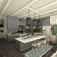 a large kitchen with an island in the middle and lots of cabinets on either side