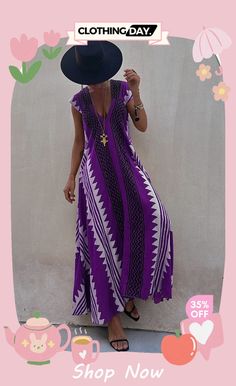 Beach Dates Ethnic Print A-line Maxi Dress V-neck Dresses With Geometric Pattern For Beach, Bohemian A-line Maxi Dress For Beach Season, Bohemian A-line Beach Maxi Dress, Purple A-line Beach Dress, Summer Dresses In Purple With Boho Print, Summer Boho Print Purple Dress, Purple Boho Print Dresses For Summer, Beach Dresses With Geometric Pattern And V-neck, V-neck Beach Dresses With Geometric Pattern