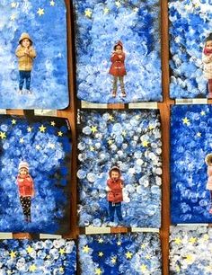 several pictures of children on blue paper with stars and snowflakes in the background