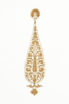 a drawing of a golden water drop on white paper with gold trimmings and an ornate design