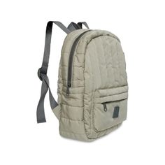 the back pack is beige and has grey straps on it, as well as a zippered pocket