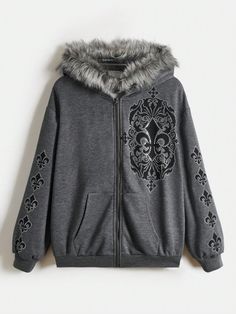 Women's Plus Size Rhinestone Decor Spliced Hoodie, School Dark Grey Casual  Long Sleeve Knitted Fabric Graphic Zip Up Slight Stretch  Women Plus Clothing, size features are:Bust: ,Length: ,Sleeve Length: Romwe Fairycore, Grunge Hoodies, Grunge Zip Up Hoodie, Revenge Clothing, Emo Hoodie, Hard Fits, Affliction Clothing, Sick Clothes, Silly Clothes