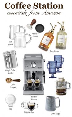 coffee station essentials from amazon are shown in this graphic above it is the instructions for making an espresso and cappuccino machine